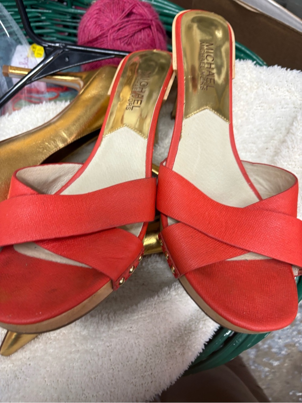 MICHAEL Michael Kors Coral Red Crisscross Heeled Slide Sandals